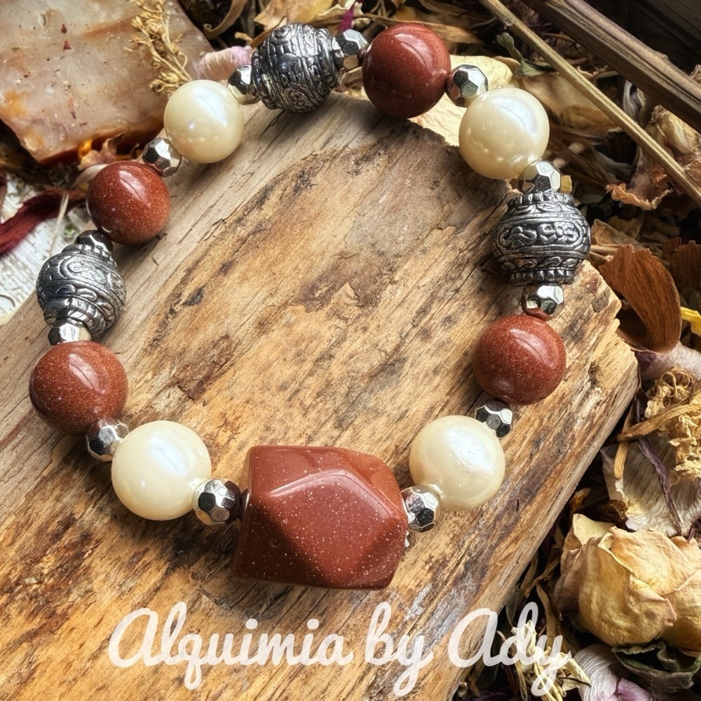 Bold and chunky Silver and Brown sunstone Beaded Bracelet
